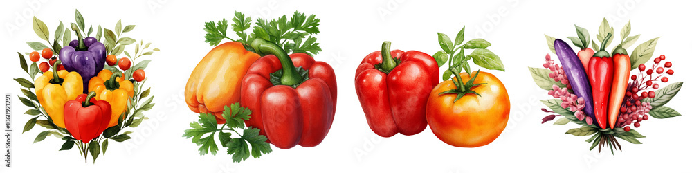 A colorful arrangement of various peppers, including yellow, red, and purple, surrounded by greenery. A colorful arrangement of various peppers, including yellow, red, and purple, surrounded by greenery.
