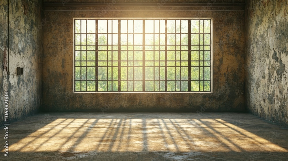 Empty prison room with a modern, dirty basement aesthetic. This design room features a big window that enhances the atmosphere, making it suitable for relaxation or meditation. Copy space included. Empty prison room with a modern, dirty basement aesthetic. This design room features a big window that enhances the atmosphere, making it suitable for relaxation or meditation. Copy space included.