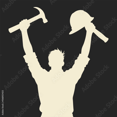 Worker Celebrating Success with Construction Equipment Aloft