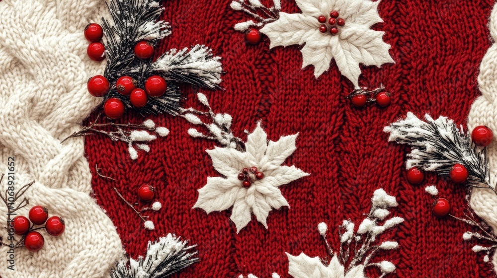 Festive seamless pattern featuring red and white knitted textures with vintage scarf visuals and berry prints for holiday themed designs Festive seamless pattern featuring red and white knitted textures with vintage scarf visuals and berry prints for holiday themed designs