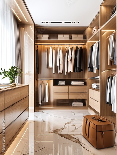 Modern Walk-In Closet with Marble Floor and Wooden Shelves.