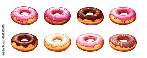 Set with delicious glazed donuts isolated on white background, generated ai