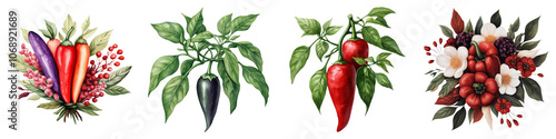 Colorful collection of chili peppers with vibrant leaves and flowers, showcasing various types and colors in an artistic arrangement.