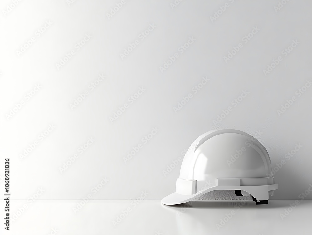 White Hard Hat on a White Surface Against a White Wall White Hard Hat on a White Surface Against a White Wall