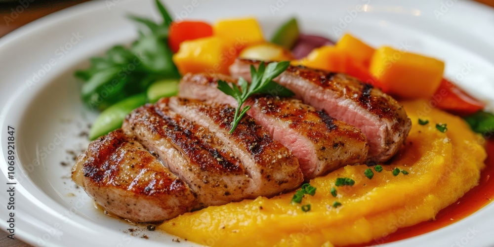 Duck breast that has been roasted is accompanied by a mango puree along with an assortment of fresh vegetables, creating a delightful and flavorful dish. Duck breast that has been roasted is accompanied by a mango puree along with an assortment of fresh vegetables, creating a delightful and flavorful dish.