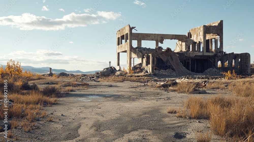 Desolate Dieselpunk Wasteland: A Lone Survivor Scavenging Amongst Ruins in a Post-Apocalyptic Landscape Desolate Dieselpunk Wasteland: A Lone Survivor Scavenging Amongst Ruins in a Post-Apocalyptic Landscape
