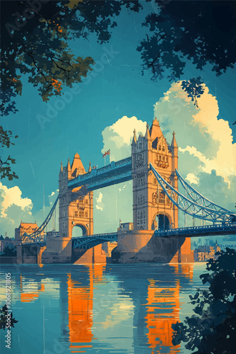 Illustration of London’s iconic Tower Bridge with vibrant reflections in the calm river, framed by leafy trees. Soft, warm lighting and blue sky with fluffy clouds add a picturesque and timeless charm