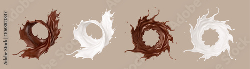 Milk and chocolate splashes. Splash milk and melted brown choco. Realistic vector illustration