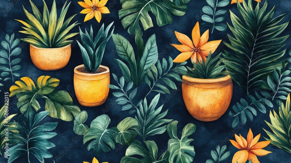 Watercolor seamless pattern of vibrant tropical houseplants in decorative pots for home decor or fabric design Watercolor seamless pattern of vibrant tropical houseplants in decorative pots for home decor or fabric design