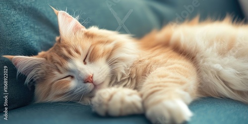 A soft, fluffy cat is comfortably sleeping on the sofa inside the house, enjoying a peaceful nap in a cozy indoor setting. photo