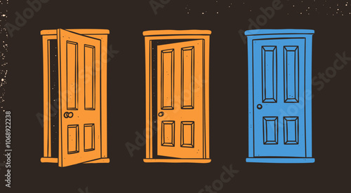 Front view of open, closed, slightly open, ajar Doors set. Dark space behind the door. Opportunity, new possibilities, phobia, fear concept. Hand drawn Vector illustration. Isolated design elements