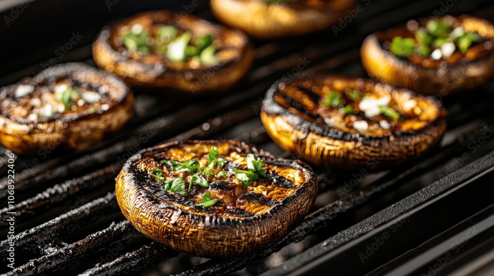 Grilling Portobello mushrooms on a vibrant grill, capturing the essence of outdoor cooking, perfect placement for text. Grilled Portobello mushrooms create a flavorful dish. Grilling Portobello mushrooms on a vibrant grill, capturing the essence of outdoor cooking, perfect placement for text. Grilled Portobello mushrooms create a flavorful dish.