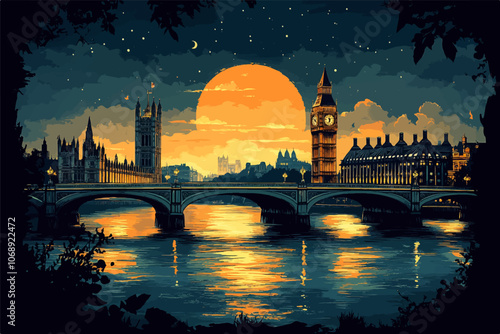 Stunning night illustration of London's Big Ben and Westminster Bridge, with a large full moon rising in the background. Reflections shimmer on the River Thames