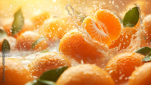 Mandarins and mandarin slices with green leaves in splashes of water on an orange background.