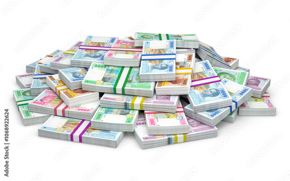 Piles of Central African CFA Franc banknotes. Piles of Central African CFA Franc banknotes.