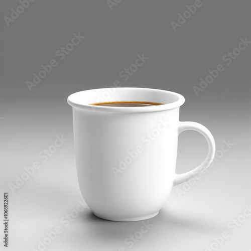 White coffee mug with brown liquid on a grey background. Perfect for coffee shop menus, cafe promotions, or kitchenthemed designs. photo