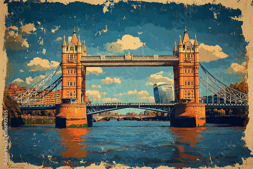 Vintage-style illustration of London’s iconic Tower Bridge over the Thames River. The distressed texture and warm tones give it an aged, nostalgic feel, blending historic architecture