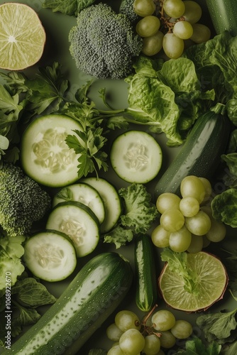 Fresh green vegetables and fruits composition on a rustic surface