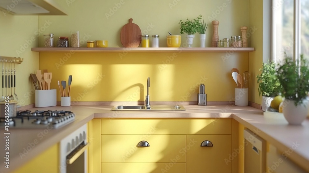 Sunny yellow kitchen with wooden countertops and open shelving showcases a blend of modern and rustic elements, creating a warm and inviting cooking space. Sunny yellow kitchen with wooden countertops and open shelving showcases a blend of modern and rustic elements, creating a warm and inviting cooking space.
