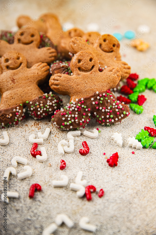 Gingerbread man ginger cookies christmas party delicious dessert christmas treat fresh delicious gourmet food background on the table rustic copy space top view Gingerbread man ginger cookies christmas party delicious dessert christmas treat fresh delicious gourmet food background on the table rustic copy space top view