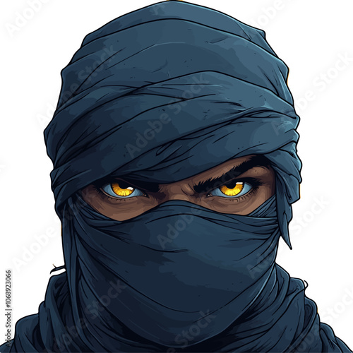 Fierce portrait of a masked ninja with piercing yellow eyes, wrapped in dark cloth. The intense gaze and mysterious attire convey a sense of stealth, danger, and power in this striking illustration