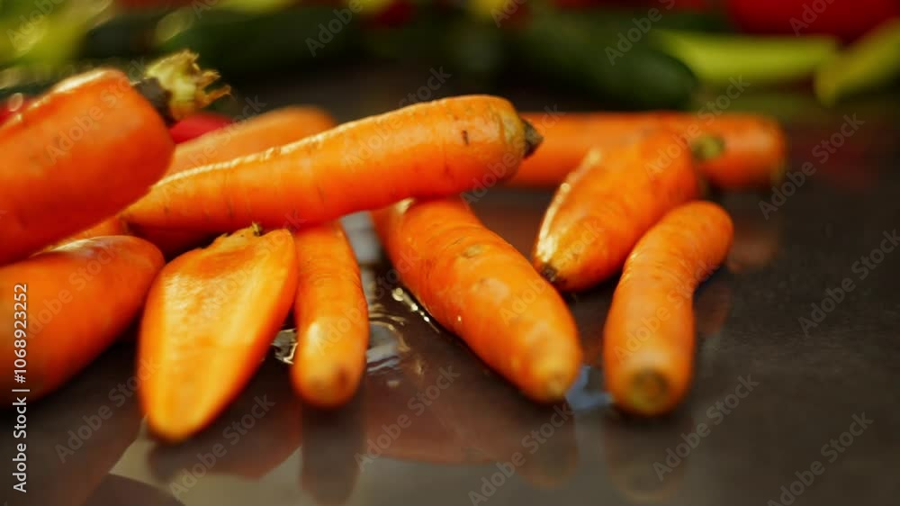 Slow motion video of carrots falling on a dark surface: organic vegetables on the kitchen table for cooking. High quality FullHD footage Slow motion video of carrots falling on a dark surface: organic vegetables on the kitchen table for cooking. High quality FullHD footage