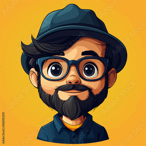 Cute, cartoon-style illustration of a bearded man with glasses and a hat, set against a bright yellow background. Expressive eyes and a friendly smile 