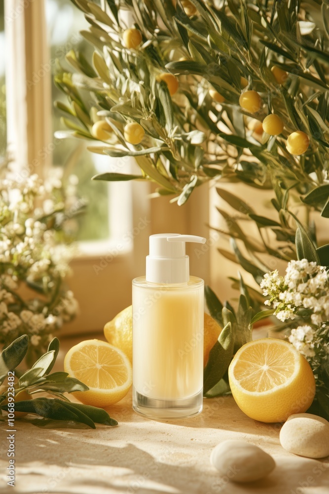Lemon-scented lotion in natural sunlit setting with fresh lemons and olive branches Lemon-scented lotion in natural sunlit setting with fresh lemons and olive branches
