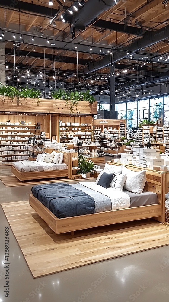 Wooden bed frame in a store display. Wooden bed frame in a store display.