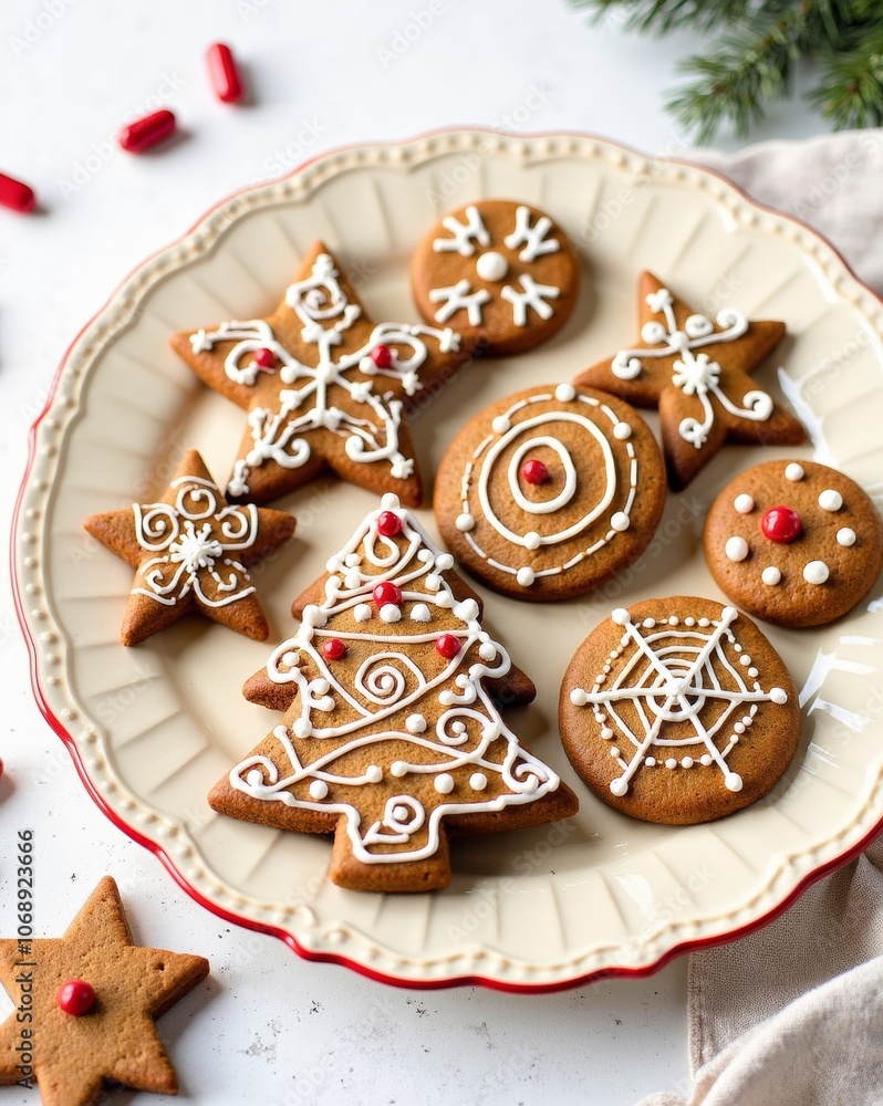 A plate of beautifully decorated gingerbread cookies shaped like trees and stars, perfect for the holiday season. A plate of beautifully decorated gingerbread cookies shaped like trees and stars, perfect for the holiday season.