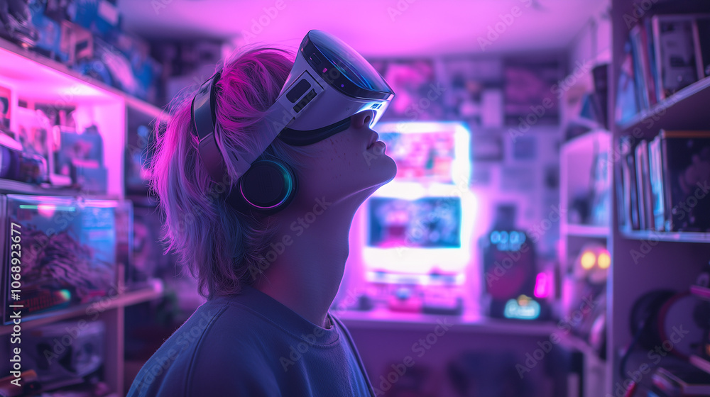 Close-Up of Girl Adjusting Headset with Cyberpunk Setup Close-Up of Girl Adjusting Headset with Cyberpunk Setup
