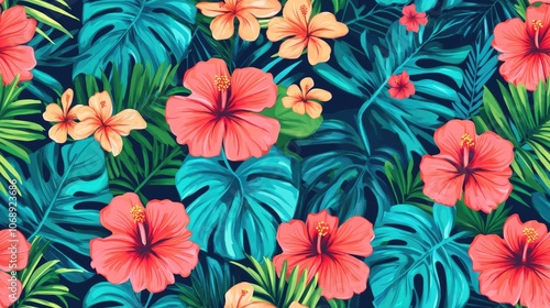 Seamless tropical pattern featuring vibrant hibiscus flowers and lush monstera leaves perfect for summer themed designs beachwear and home decor