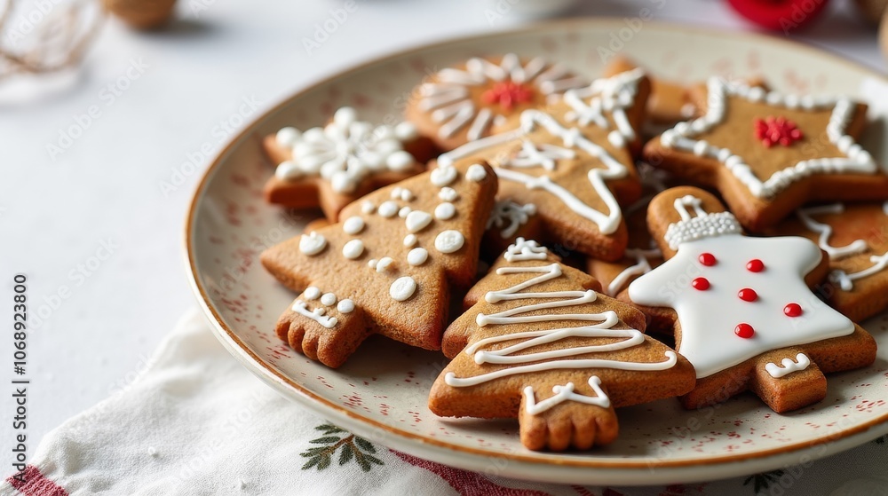 A plate of beautifully decorated gingerbread cookies shaped like trees and stars, perfect for the holiday season. A plate of beautifully decorated gingerbread cookies shaped like trees and stars, perfect for the holiday season.