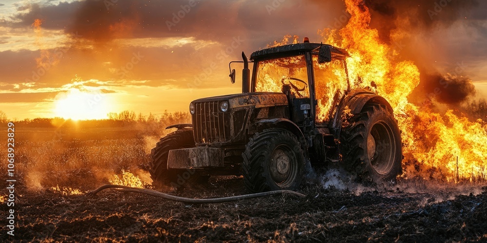A farm accident occurs at sunset, featuring a tractor engulfed in flames alongside a hosepipe that is dangerously tangled. This situation presents a serious injury risk. A farm accident occurs at sunset, featuring a tractor engulfed in flames alongside a hosepipe that is dangerously tangled. This situation presents a serious injury risk.