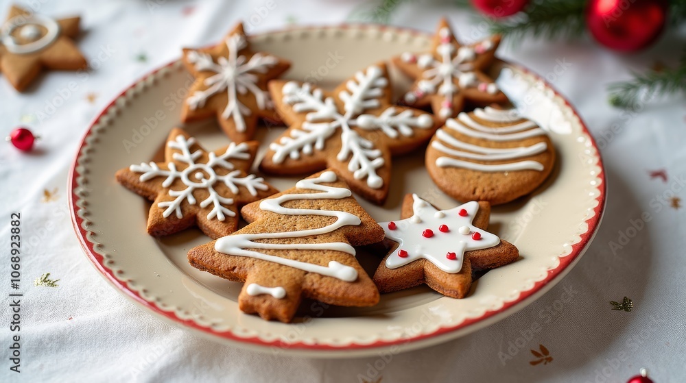 A plate of beautifully decorated gingerbread cookies shaped like trees and stars, perfect for the holiday season. A plate of beautifully decorated gingerbread cookies shaped like trees and stars, perfect for the holiday season.