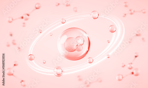 Cosmetic moisturizer water molecule. Transparent liquid collagen or essence bubbles. Collagen skin serum. Cosmetic skincare product