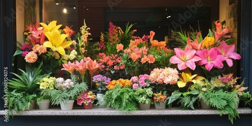 Summer Celebration at the Flower Shop featuring a vibrant and colorful selection of flowers showcased in the window display, creating an inviting atmosphere.