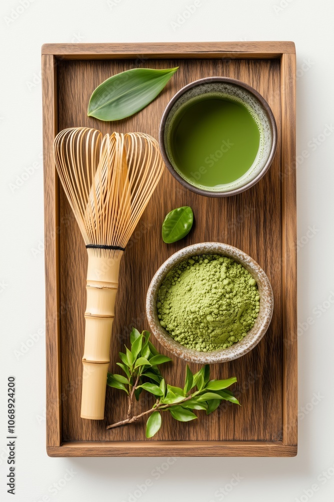 Traditional matcha tea ceremony set with bamboo whisk and green leaf on wooden tray Traditional matcha tea ceremony set with bamboo whisk and green leaf on wooden tray