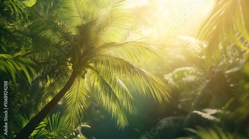 A tropical coconut palm tree gently sways under the sunlight, creating a serene atmosphere. This tropical coconut palm tree adds a vibrant touch to any scene, with ample copy space available.