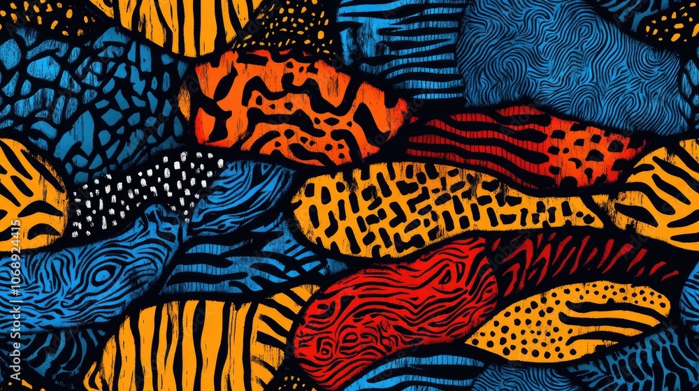 Vibrant seamless ethnic pattern featuring blue tiger fur and geometric African designs perfect for fabric prints and home decor Vibrant seamless ethnic pattern featuring blue tiger fur and geometric African designs perfect for fabric prints and home decor