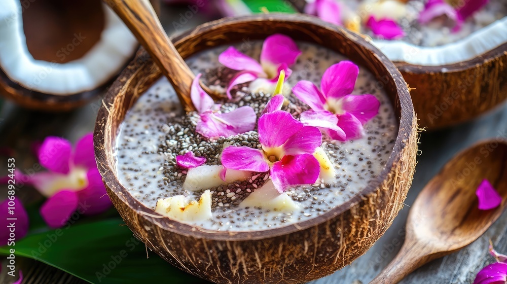 Hawaiian oatmeal bowl crafted with coconut and chia seeds, blended in creamy coconut milk, perfect for healthy breakfast ideas. The vibrant Hawaiian oatmeal bowl is ideal for food photography. Hawaiian oatmeal bowl crafted with coconut and chia seeds, blended in creamy coconut milk, perfect for healthy breakfast ideas. The vibrant Hawaiian oatmeal bowl is ideal for food photography.