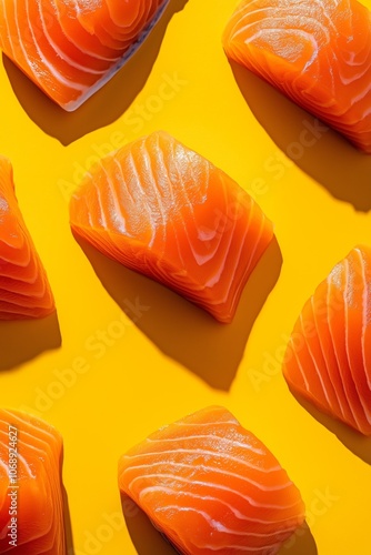 Fresh raw salmon fillets arranged on vibrant yellow background for culinary inspiration photo