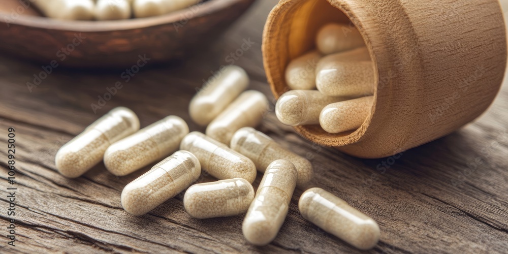Capsules of nutritional supplements and vitamins support better gut health. There is an exploration of probiotics in capsule format, next to an unmarked open package.