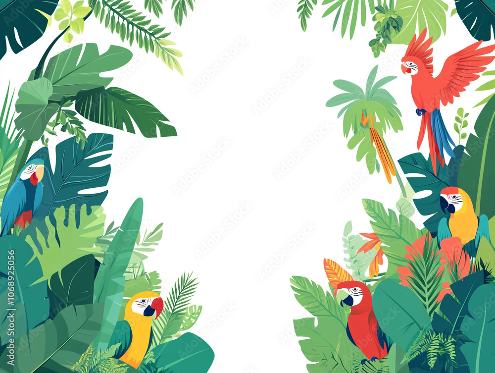 Obraz premium A colorful parrot is perched on a leafy green tree. A large empty space in the center is for text. 