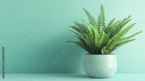 Elegant fern plant displayed in a minimalist setting, emphasizing the beauty of the fern plant with a clean background and ample copy space for design integration. photo