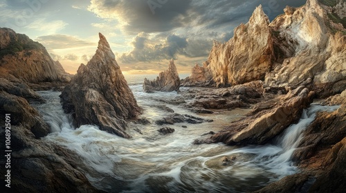 Deserted coast with beautiful rock formations and flowing water streams creates a tranquil atmosphere. The deserted coast invites serenity with its natural beauty and inspiring landscape. photo