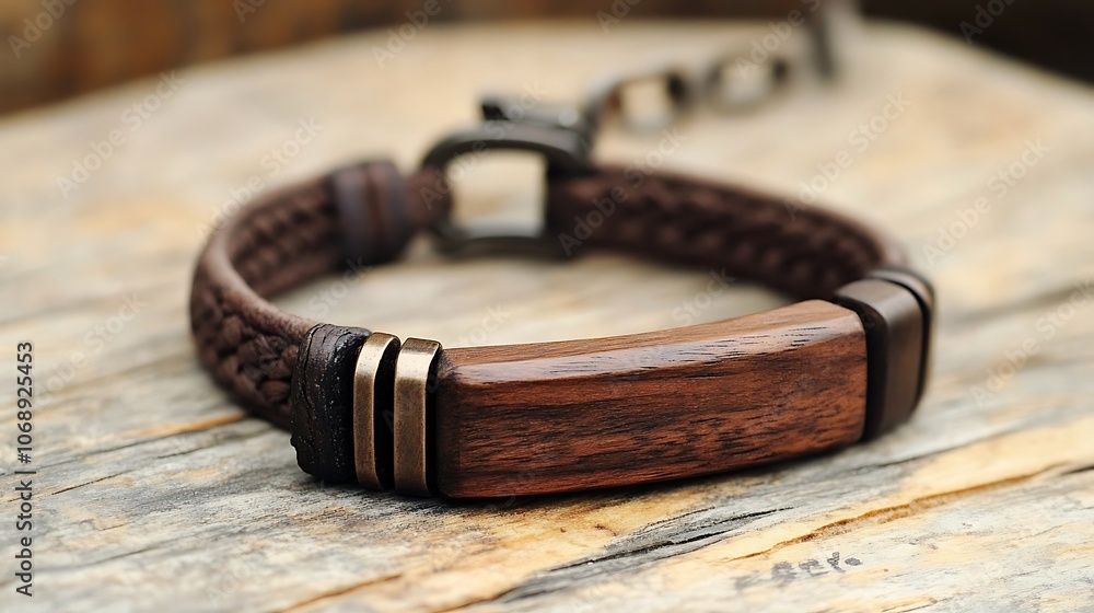 A close-up of a brown leather bracelet with a wooden inlay and brass accents, resting on a weathered wooden surface. A close-up of a brown leather bracelet with a wooden inlay and brass accents, resting on a weathered wooden surface.