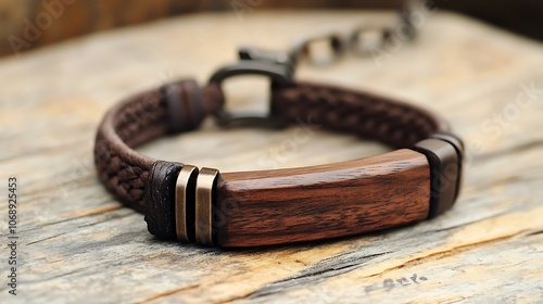 A close-up of a brown leather bracelet with a wooden inlay and brass accents, resting on a weathered wooden surface. photo