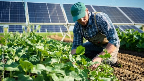 A farmer carefully tends to vibrant plants in a lush field, surrounded by solar panels. This harmonious blend of agriculture and renewable energy showcases modern sustainability efforts.