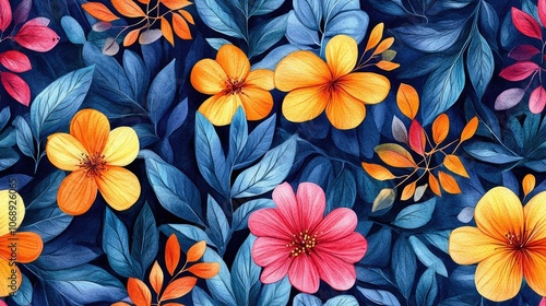 Seamless watercolor pattern of decorative leaves and flowers perfect for printed materials and packaging design